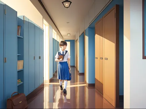 garden，hallways，with people coming and going，‎classroom，short detailed hair，brunette color hair，comely，wear a blue and white sch...