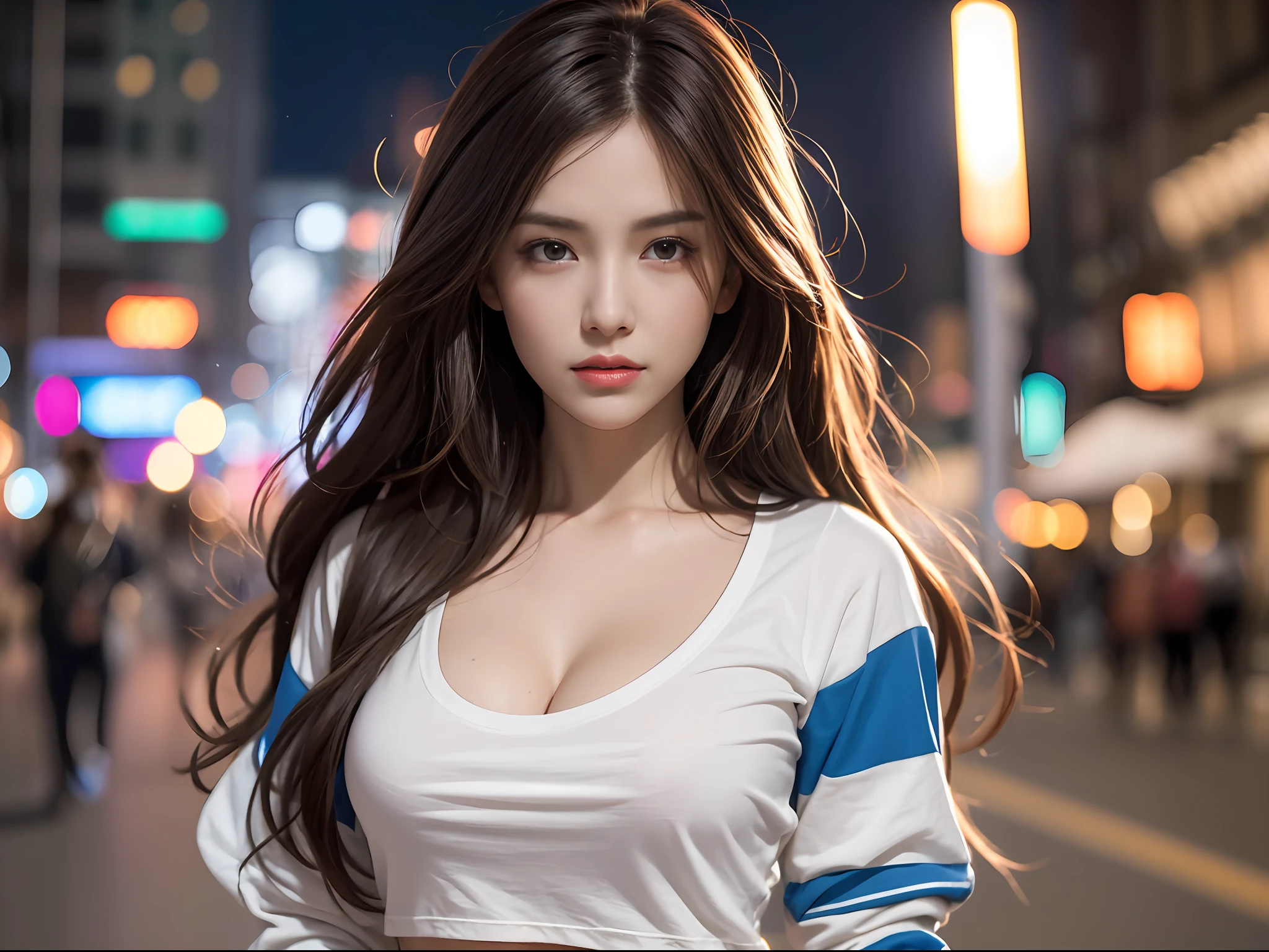 ((Realistic lighting, top quality, 8K, Masterpiece: 1.3)), Clear Focus: 1.2, 1 girl, Perfect Body Beauty: 1.4, Slim Abs: 1.1, ((Dark Brown Hair, Big: 1.3)), (Acceleration: 1.4), (Outdoor, Night: 1.1), Street, Slender Face, Narrow Eyes, Double Eyelids, Exposed Cleavage, Incredibly Ridiculous, Messy Hair, floating hair, long sleeve t-shirt, fashion model pose,