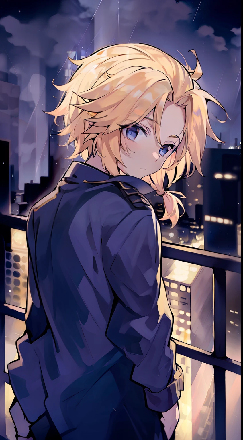 1boy，Faraway view，Golden hair，pony tails，blue color eyes，the night，Rainy days，city neon light