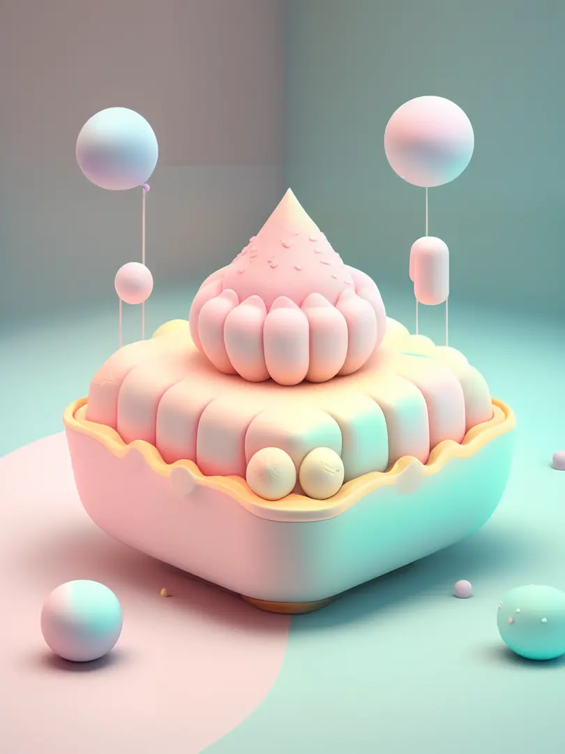 microcosm， Isometric view of cute kawaii keyboard， （Pink big breasts， white colors， amarelo， purpleish color）， Comfortable and soft，Cupcakes， lighting particle， Dynamic light effects， A futuristic， incredibily detailed， Hyper-Resolution，birthday，1 year old...