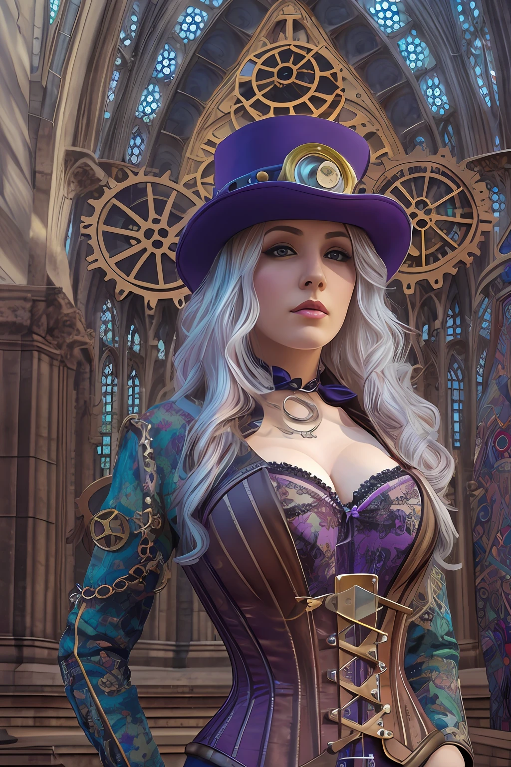 Hyperrealist full shot of steampunk gal by david hockney and alphonse mucha,photoh art, photo realistic, purple corset and stoking, dynamic lighting, artstation, poster, volumetric lighting, very detailed faces, 4 k, award winning, 1girl, gothic cathedral n background, deep shadow,(steampunk clothing:1.4) ,long hair,white hair,