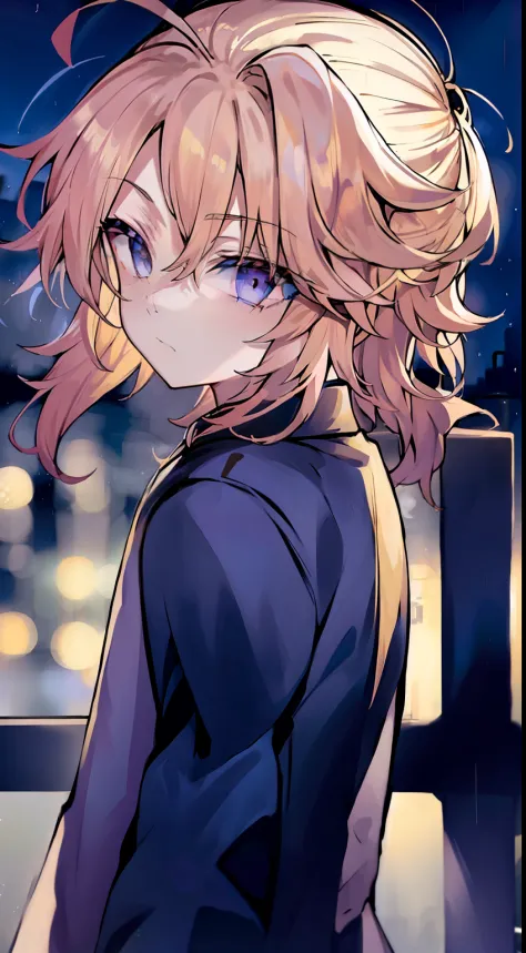 1boy，faraway view，frontage，golden hair，pony tails，blue color eyes，the night，rainy days，city neon light，校服