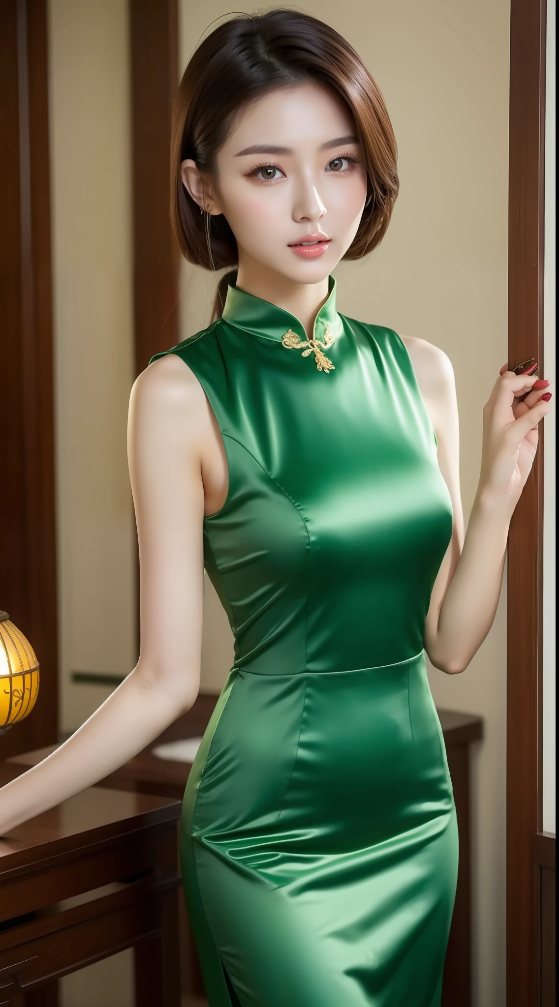 ランプの隣に立つ緑のドレスを着たアジアの女性, チャイナドレス