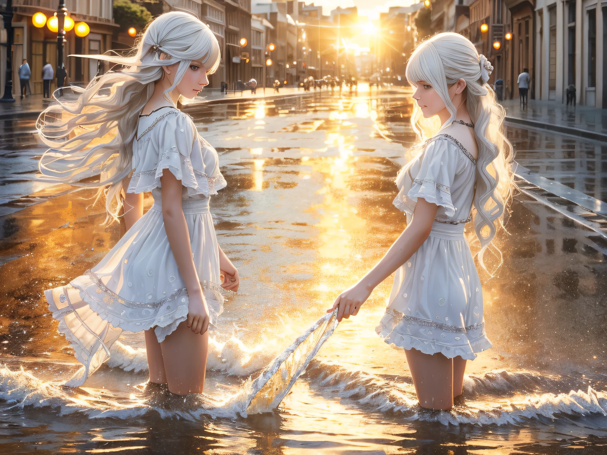 masterpiece, best quality, Illustration, Wallpaper, ultra detail, 1girl, solo, beautiful detailed eyes,
bangs, cowboy shot, long hair, magical girl, white hair, waves,  water,  water drop, looking to the side, wading, 
(street:1.5),  sun, cloudy sky, water, HD