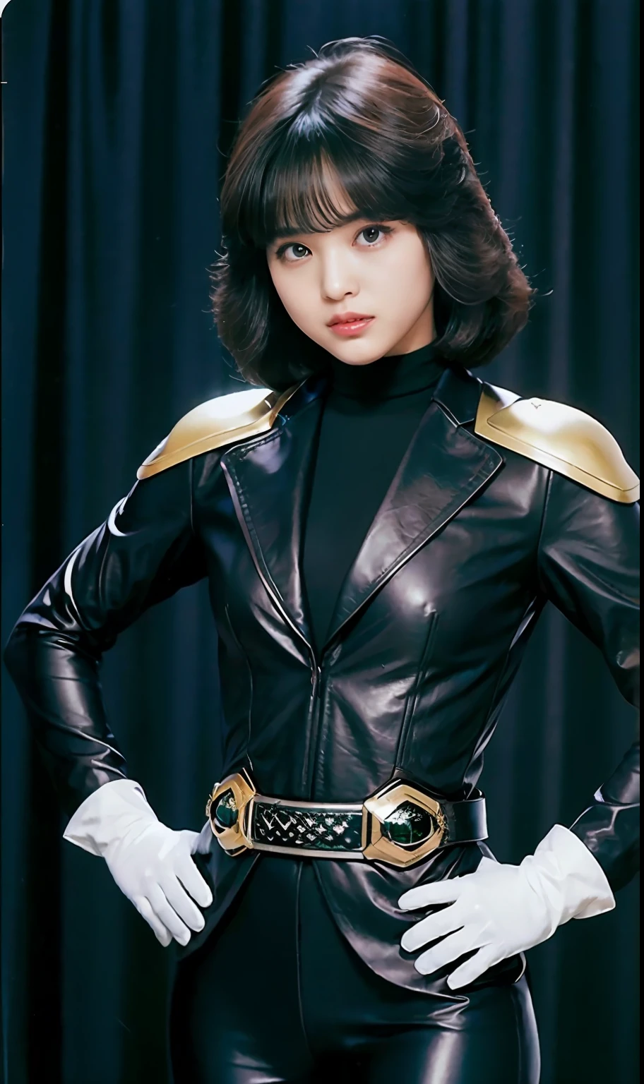 (Необработанное фото:1.2), Красивые Женщины, высокое разрешение, высшее качество,  ((Черный кожаный костюм Kamen Rider)､(белые перчатки)