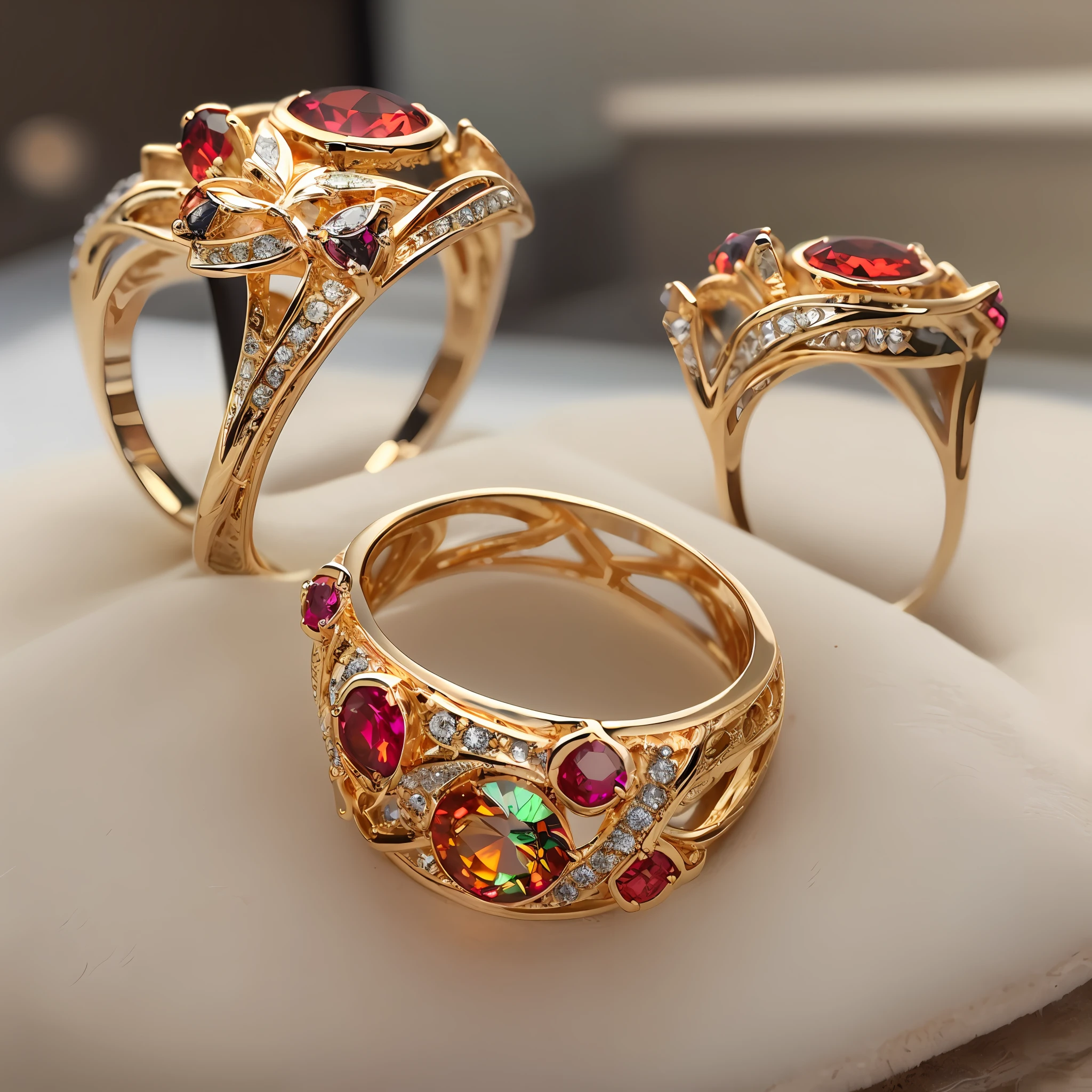 （tmasterpiece，best qualityer，ultra-precise detail），High quality jewelry，Gold ring with round red gemstones，Bright and incredibly bright in the light。