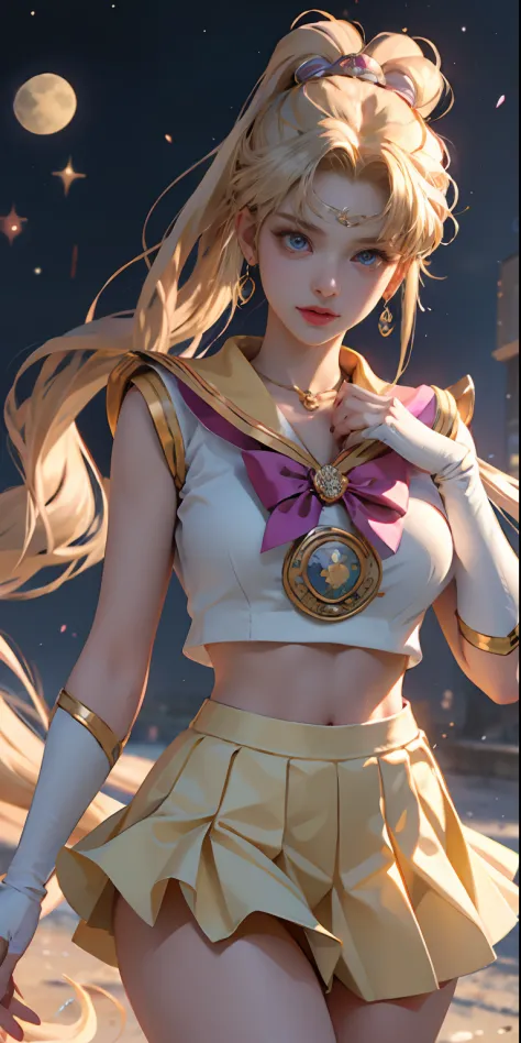 ((Masterpiece)), (Best Quality), (Super Detail), ((Very Detailed)), 4K, (8K), Sailor Moon, Long Blonde, Double Ponytail, Aesthetic sailor moon, Dream Core, coated school shirt, yellow skirt, big breasts
