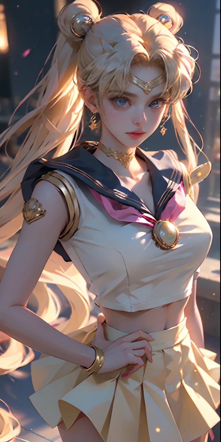 ((Masterpiece)), (Best Quality), (Super Detail), ((Very Detailed)), 4K, (8K), Sailor Moon, Long Blonde, Double Ponytail, Aesthetic sailor moon, Dream Core, coated school shirt, yellow skirt, big breasts