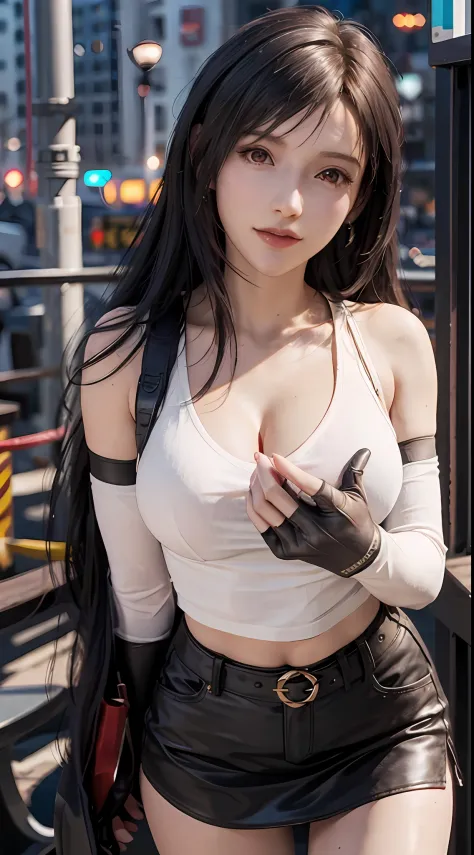 8K，tmasterpiece，bset quality，The large，（1个Giant Breast Girl），Tifa Lockhart，red color eyes，Top-down view，The rooftops of the city，brunette color hair，long whitr hair，profesional lighting，（shiny skins：1.2），shiny big，（（best qualtiy）），tack sharp focus：1.2，High...