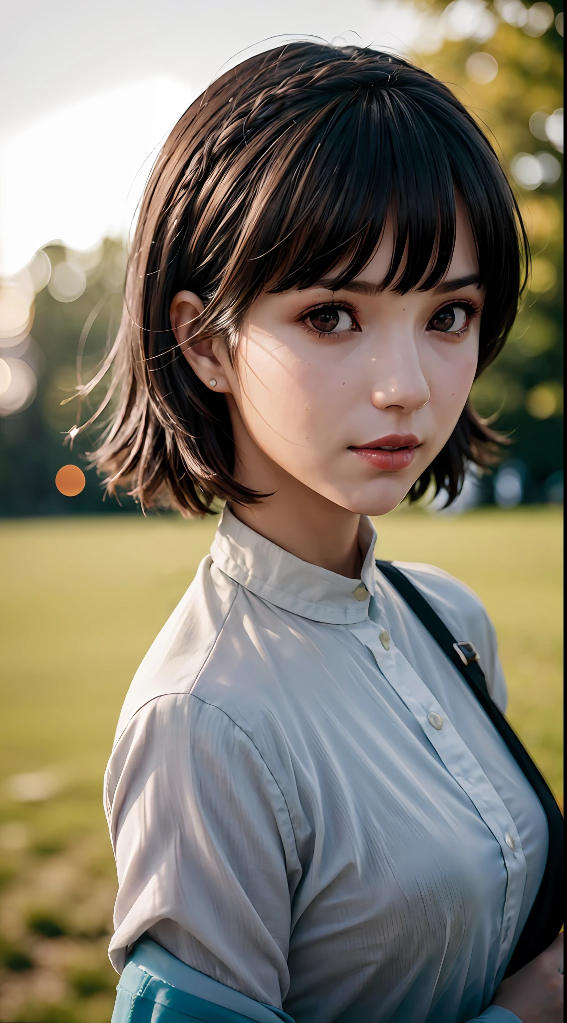 (((raw photo,8k))),(photorealistic:1.3),(masterpiece), (best quality), ultra high res, (best illustration), photon mapping,radiosity,best shadow,close-up to face,portrait,(((natural light))), backlighting,(solo:1.5),1girl,(Niijima Makoto), (brown short hair with bangs),wearing a soft brown fedora, soft brown overcoat, white shirt and soft brown tie, beautiful detailed red eyes, medium breasts, (in a soft green field with , cyan sky), looking at viewer, smooth,(bokeh:1.4), photographed with a Fujifilm, Fujicolor, Fujifilm 58mm f/1.4G lens,