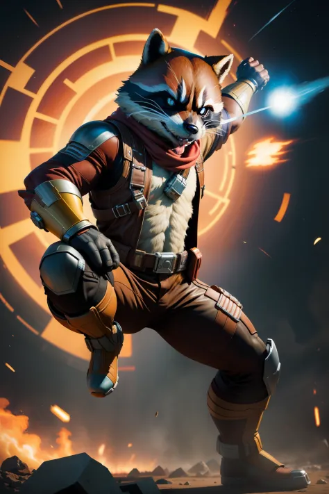 solo, masterpiece, best quality, medium shot of Rocket Raccoon, marvel, fighting stance, dynamic angle