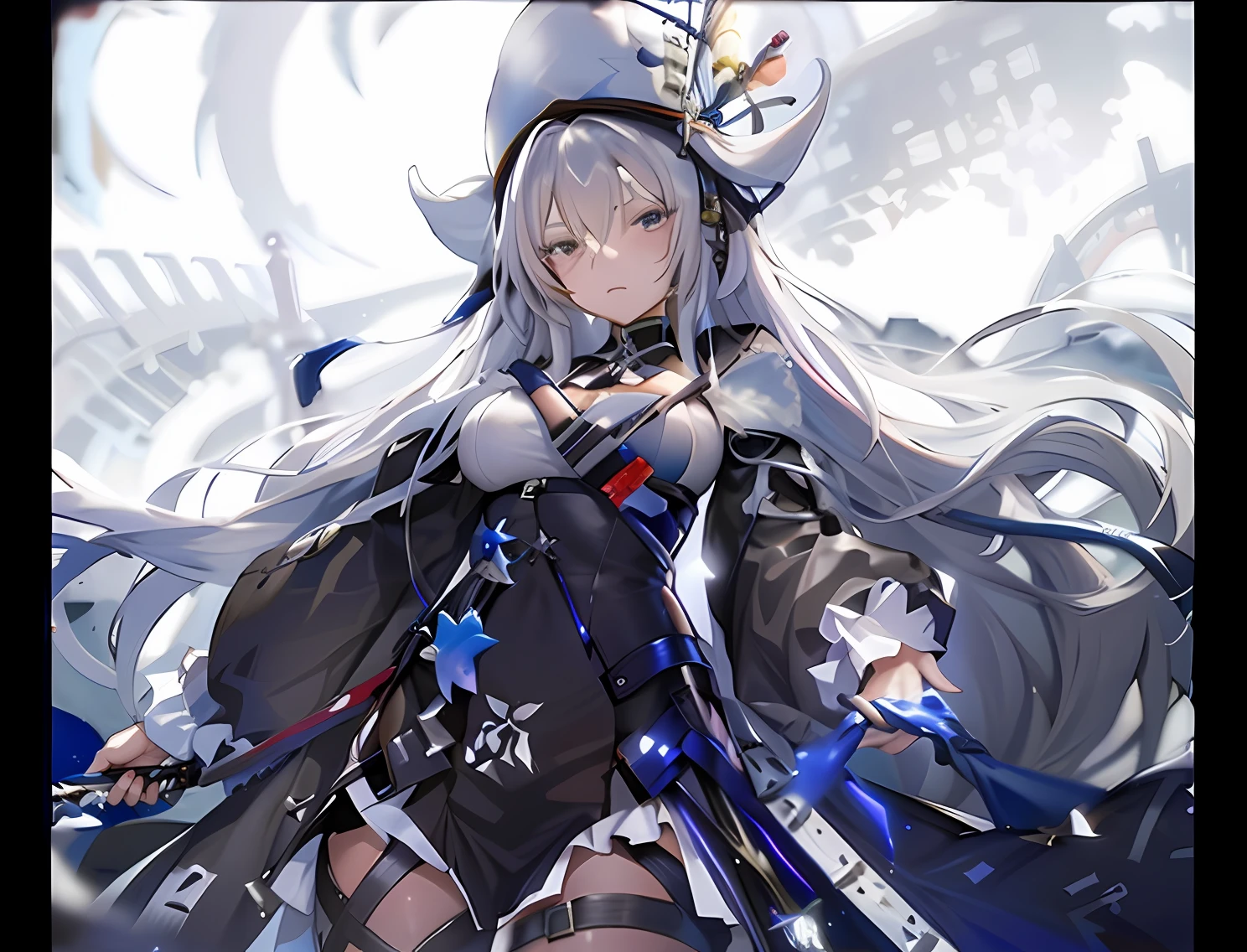 Anime-Mädchen mit langen weißen Haaren und Hut，Mit einem Schwert，Wandere durch die Nacht der Arche。Mädchen-Frontfigur im Blue Lane-Stil，Gut vorgestellt《azur lane》Die Atmosphäre eines Videospiels。Das Universum, in dem sich das Mädchen befindet, trägt die Kunst des Animes in sich, die detailliert und kritisch ist，Es glänzt mit einem einzigartigen Charme in Genshin。