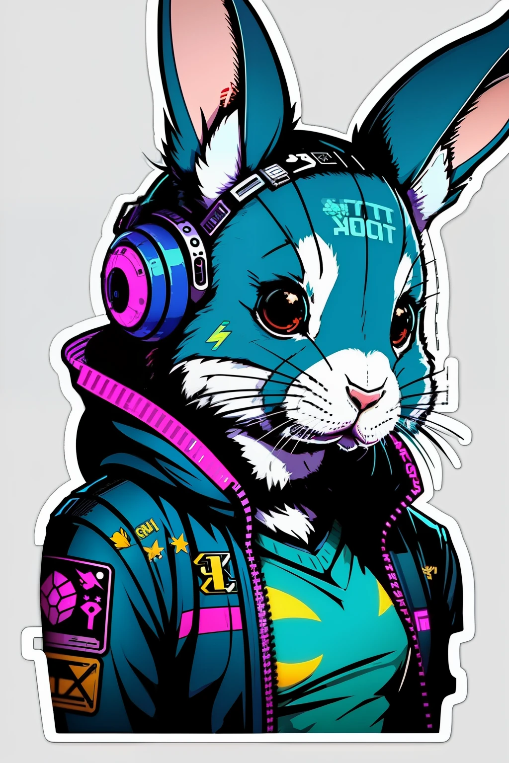 ((Aufkleber)),weißer Hintergrund,Einfacher Hintergrund,Konzeptkunst,sots art, Cyberpunk rabbit, Anthro-Kaninchen in Cyberpunk-Kleidung, filmische Beleuchtung