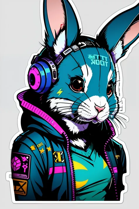 ((stickers)),white background,simple background,concept art,sots art, Cyberpunk rabbit, anthro rabbit in Cyberpunk clothing, cin...