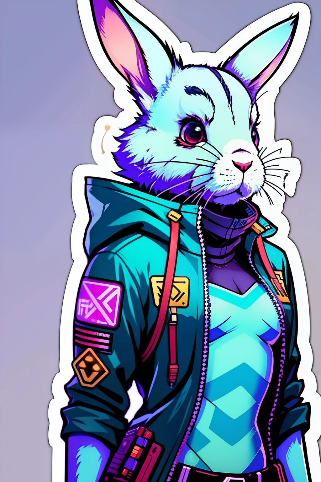 ((autocollants)),fond blanc,fond simple,art conceptuel,sous l&#39;art, Lapin Cyberpunk, lapin anthropomorphe en vêtements cyberpunk, Éclairage cinématographique