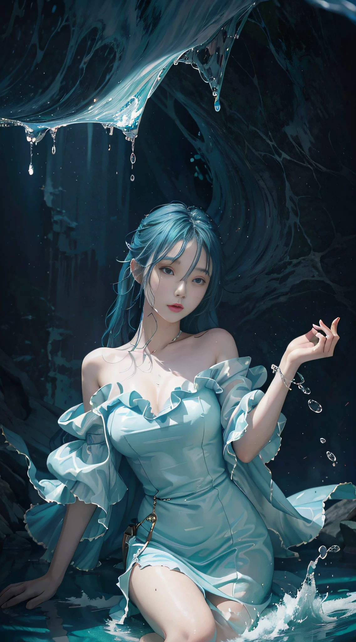 (girl by Fullwater:1), (liquid body, liquid, water, blue skin: 1), in waterfall, fantasy background, blue lighting, artistic, wearing teal strap dress, (medium closeup)