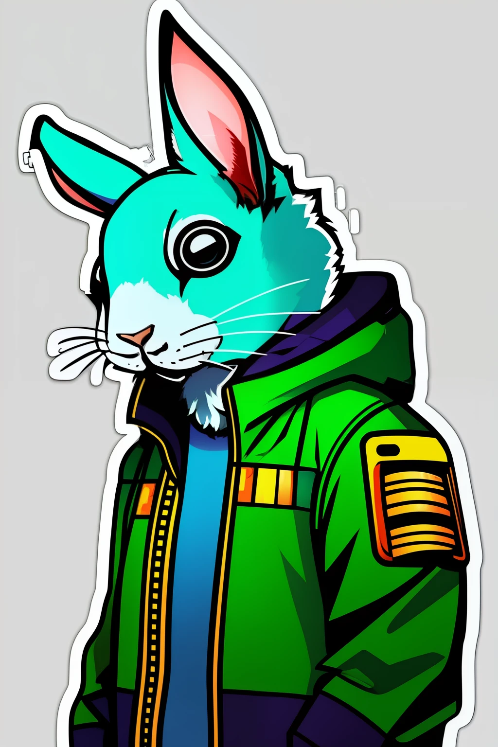 ((Aufkleber)),weißer Hintergrund,Einfacher Hintergrund,Konzeptkunst,sots art, Cyberpunk rabbit, Anthro-Kaninchen in Cyberpunk-Kleidung, filmische Beleuchtung