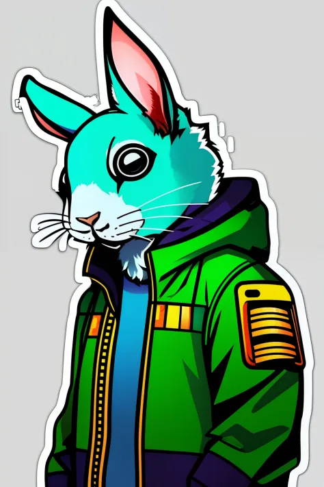 ((stickers)),white background,simple background,concept art,sots art, Cyberpunk rabbit, anthro rabbit in Cyberpunk clothing, cin...