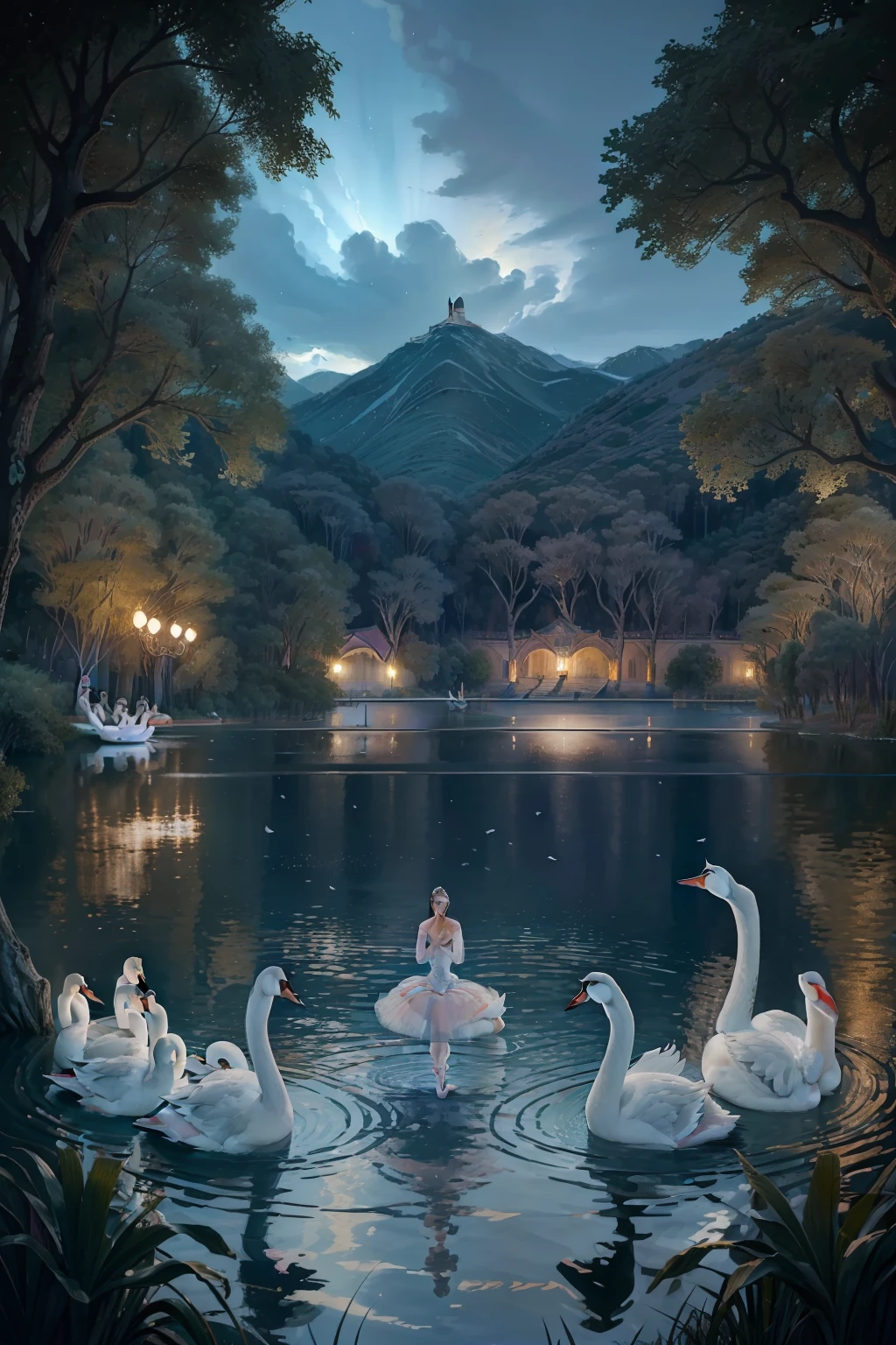 "(((Una escena del ballet "El lago de los cisnes"))), ( vista lateral detras del telon ), acercamiento, Max Quality, detalles exquisitos, theatrical lighting, movimiento elegante, vestuario impresionante, ambiente barroco, artistic touches of Gustav Klimt."