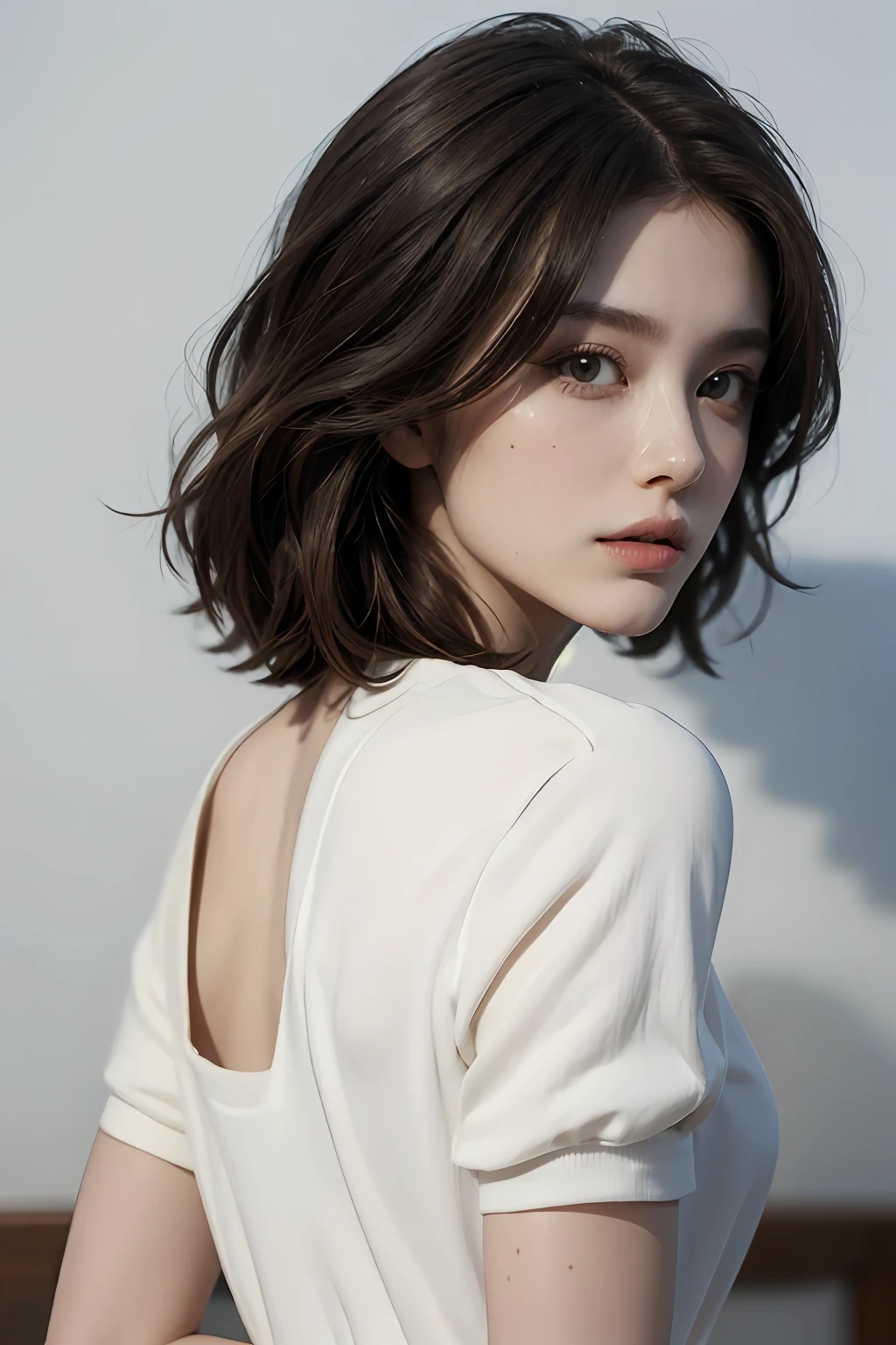 "((ultra-realistic realism+Pure)，eyes with brightness，White Skin Skin)，High-definition image quality，Dynamic tilt，High nose，Realistic details，Unity 8k壁纸，Super fine，A masterpiece of beauty，top-quality，tidal current，Sweet and lovely，FashionMagCover，short- sleeved，Brown hair long，Back shadow，Turn Back，full bodyesbian。"