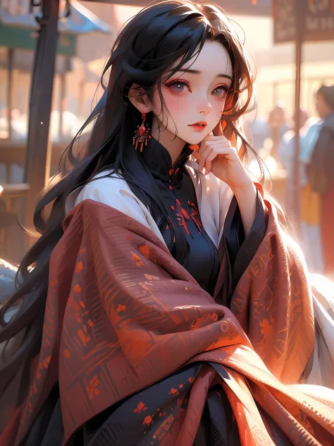 A woman with long black hair put her hand on her face, an anime drawing, inspired by loish, Gothic art, giga chad crying, jossi of blackpink, dark eye makeup, Detailed digital 3D art, She has black hair，By bangs, face and skin is dark red, porcelain pale s...