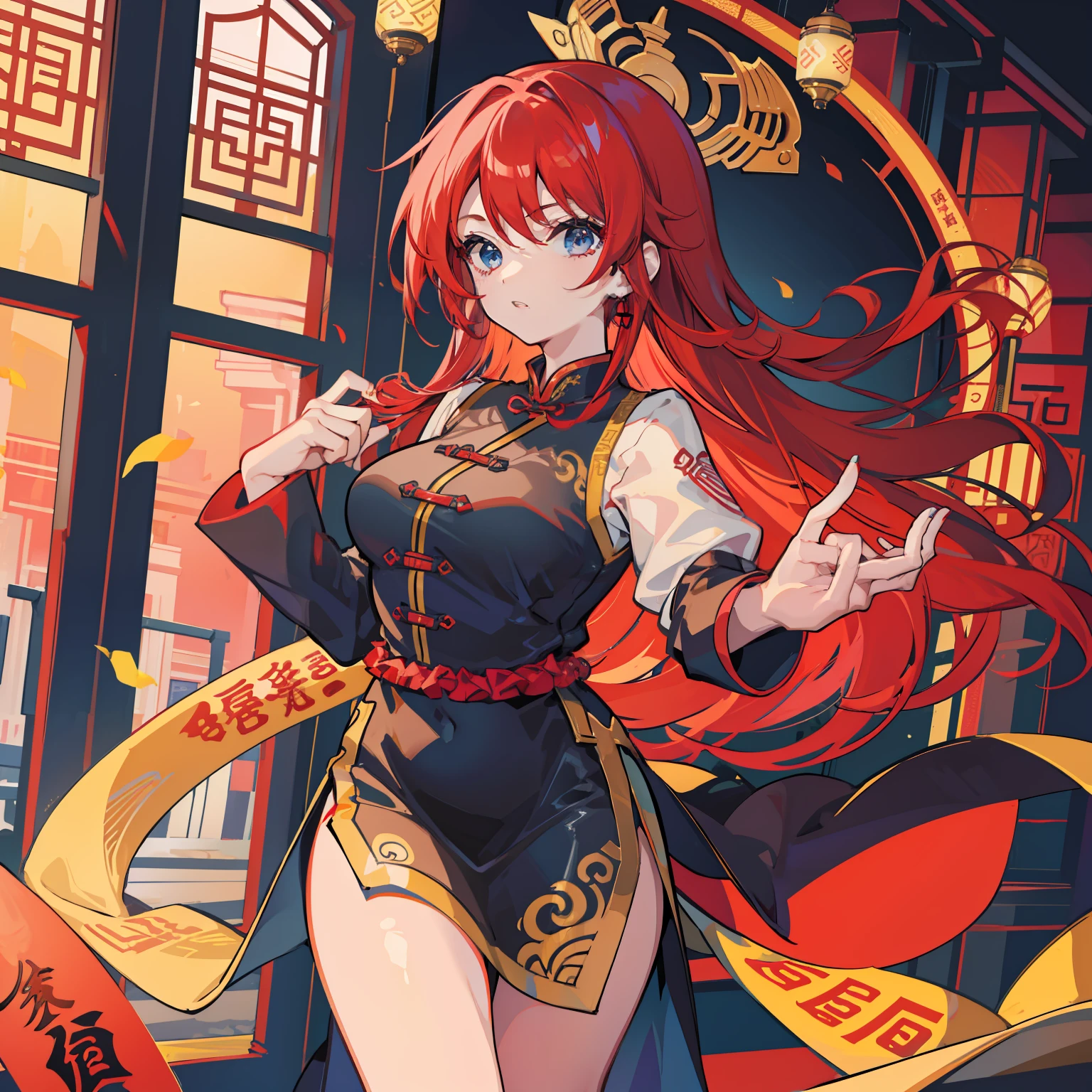 Young woman cheongsam illustration, masutepiece, Fine details, 4K, 8K, 12K, Solo, 1 person, Beautiful Girl, caucasian female, 20 years old, Red Bell,Boken　Meilin 、Red hair, Long hair, Green cheongsam、Slit in clothes