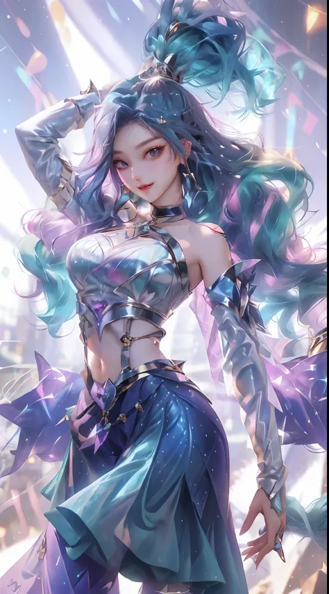 best qualtiy， 1girll， 独奏， long whitr hair， looking at viewert，ssmile，Charming， O cabelo multicolorido， 耳Nipple Ring， Separate the sleeves， Middle beam， trouser， K/DA \（league of legend\）