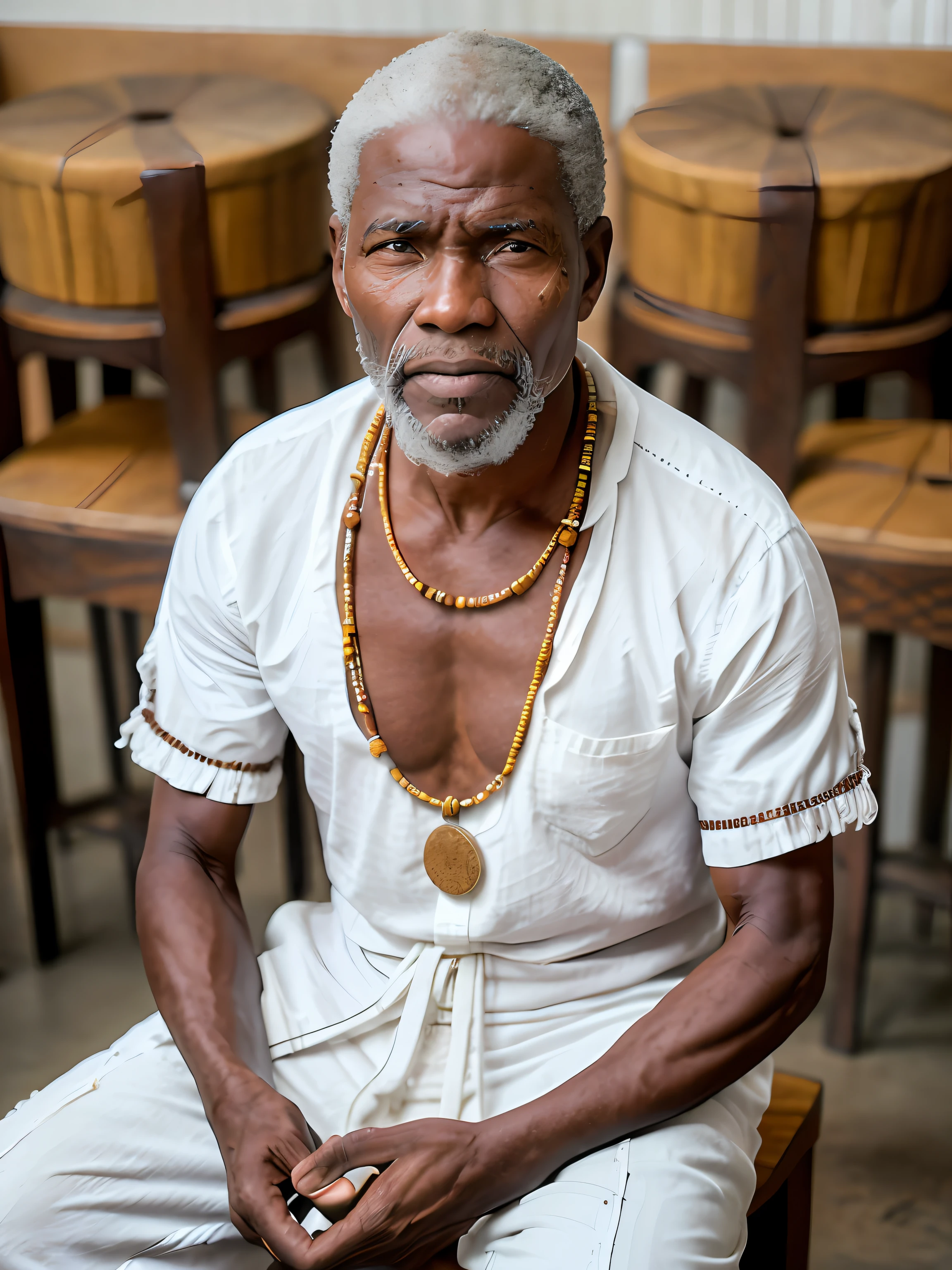 Homem africano, por volta dos 60 anos, com rosto marcado pelo tempo e com muitas rugas. His countenance is sad and looks sore. Wears tattered white cotton clothing and seed necklaces around her neck. He's sitting on a wooden stool in front of a coffee plantation