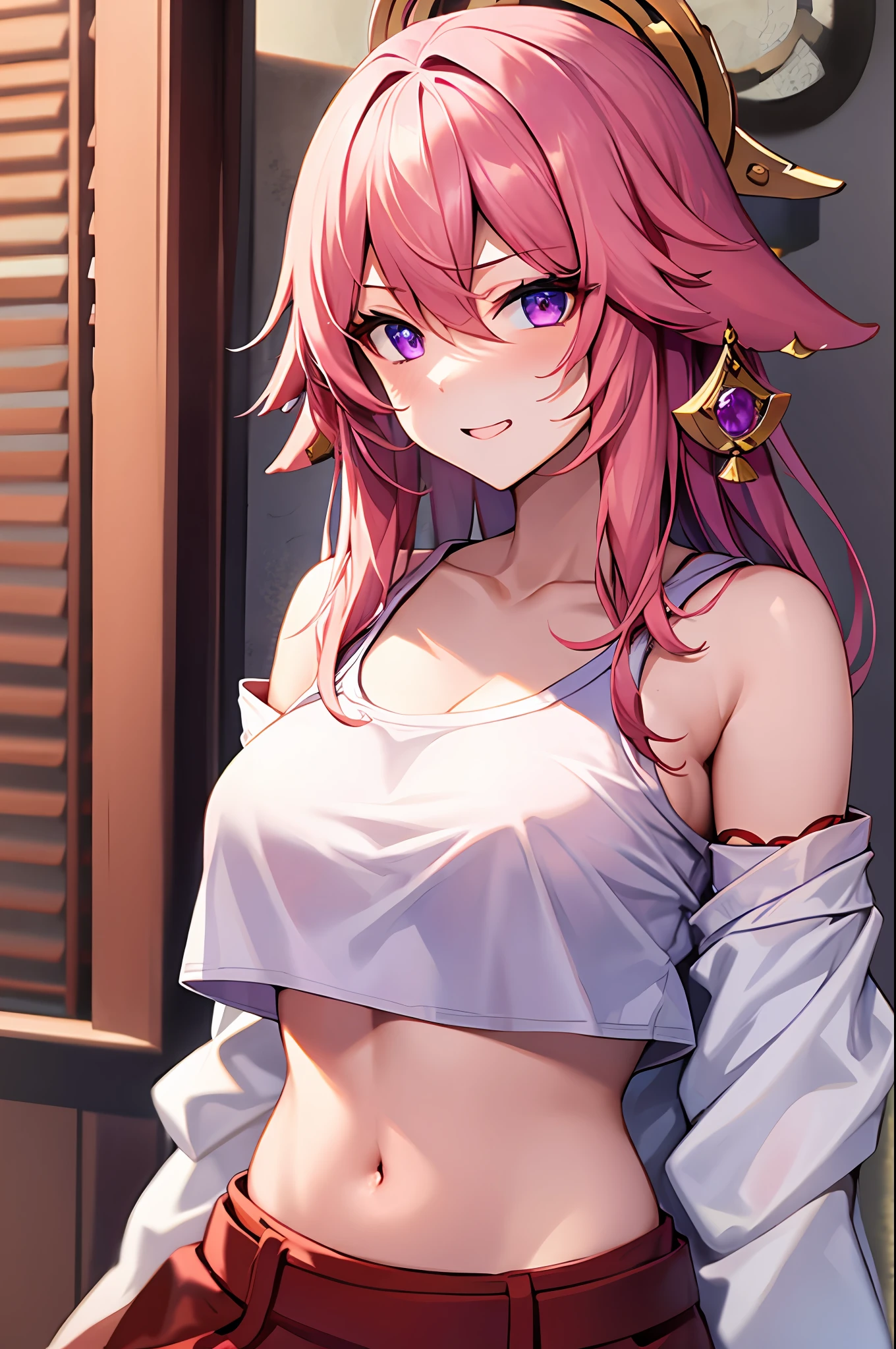 Yae miko. pink hair, purple eyes, wearing white t-shirt, underwear, sexy face, best quality