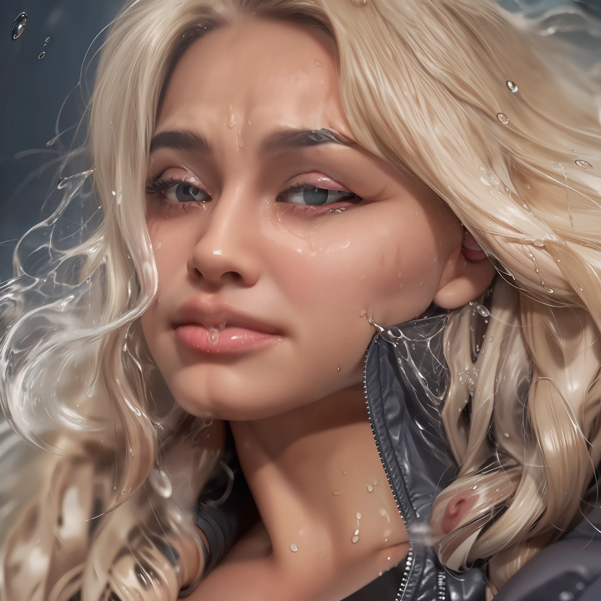 Blonde woman with a wet face and a black jacket - SeaArt AI