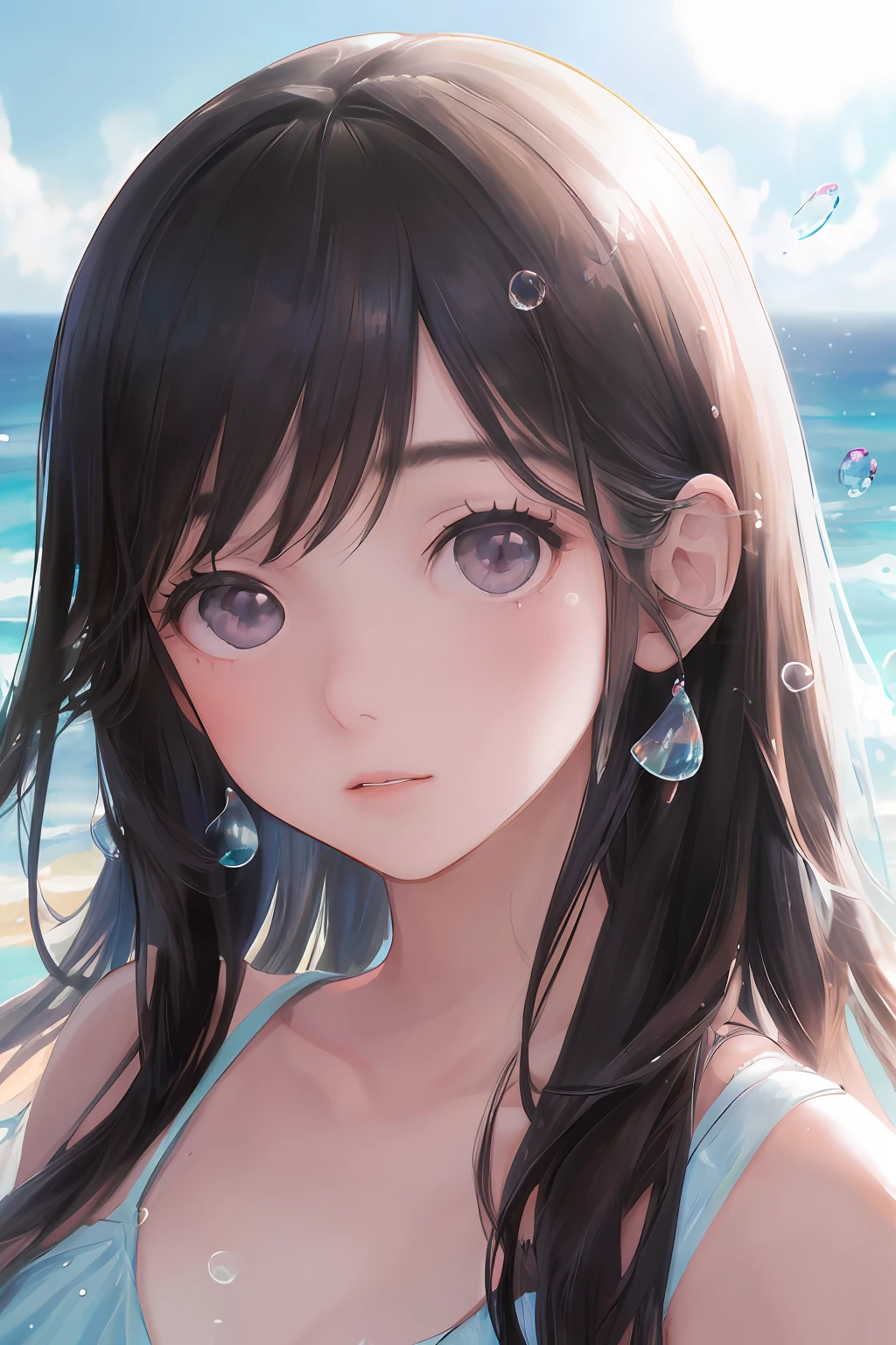 art by Cornflower, dreamy
(a girl who was petite and had beautiful detailed eyes. The depth of field in the photo was perfect, and the lens flare added a nice touch. The finely detailed features of her face really stood out, and the score for this photo was definitely greater than 10. In the background, there was a beautiful ocean with crystal clear water and water droplets on the surface. It was a stunning photo that really captured the beauty of the girl and the water.)