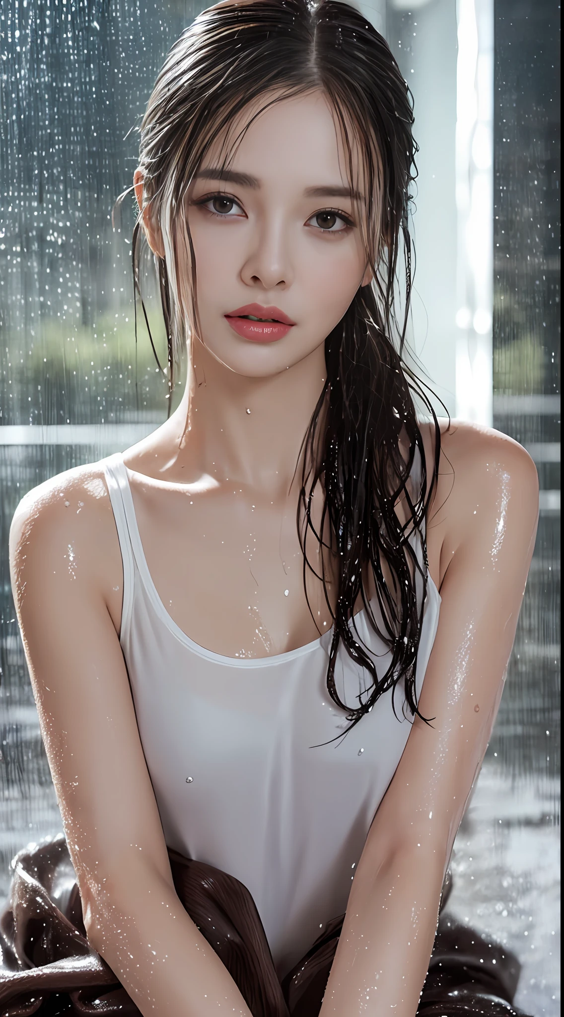 (Best quality, 4k, Masterpiece :1.3), pretty woman, 1girl, sexy :1.1, dark brown hair: 1.1, (rainy wet, wet from rain, wet body :1.2), white tank tops, ultra-detailed face, detailed lips, detailed eyes, double eyelid