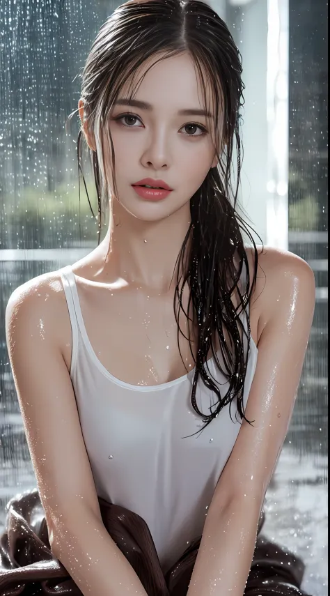 (Best quality, 4k, Masterpiece :1.3), pretty woman, 1girl, sexy :1.1, dark brown hair: 1.1, (rainy wet, wet from rain, wet body ...