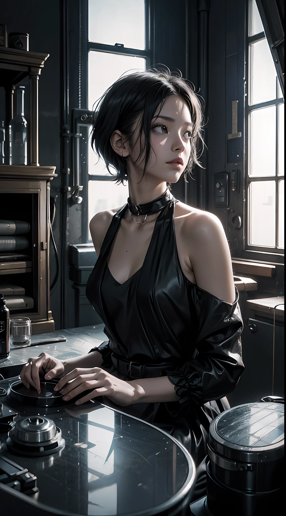 a beauty girl、natta、Onepiece、Plain dress、off shoulders、Floating hair, Short hair, secret room、canny、lab room、Human experimentation、Black Parade、surrealism, Verism, Cinematic lighting, Glowing light, drop shadow, Fisheye, ultra wide-angle, F/16, masutepiece, High quality, high details, Super Detail, Textured skin, Best Quality, 4K