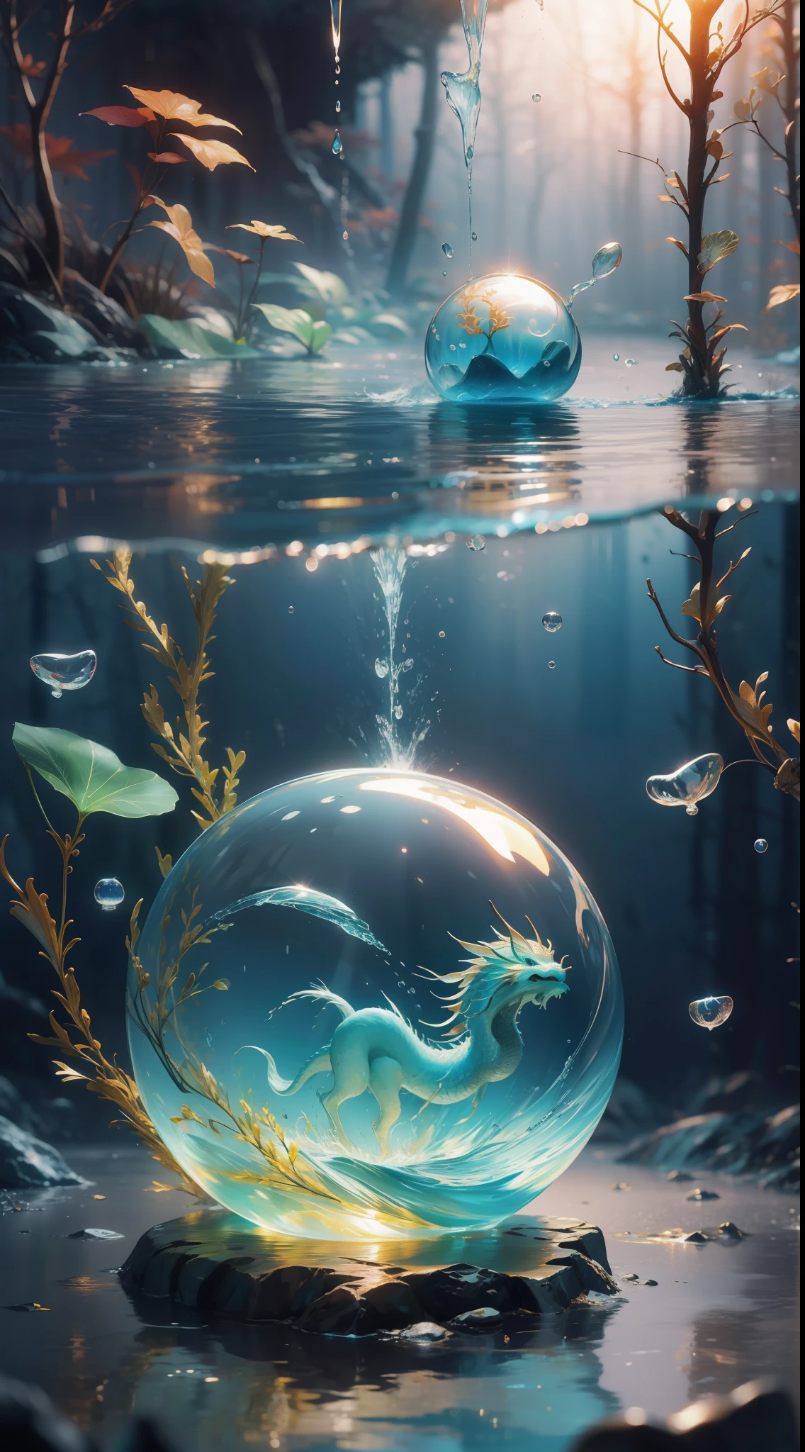 Kizi，Cute girls，((water sphere))，Wearing a Tang costume，Golden，((rainbowing))，water elemental，((vivd colour))，Water quality sense，Magical Circle，water sphere，water dragon，(((Kizi)))，Textures are diverse， chinese dragon concept art， Anime art wallpaper 8 K， anime artsyle， Detailed anime artwork，Epic composition，Realistic lighting，high definition detail，tmasterpiece，Best quality，