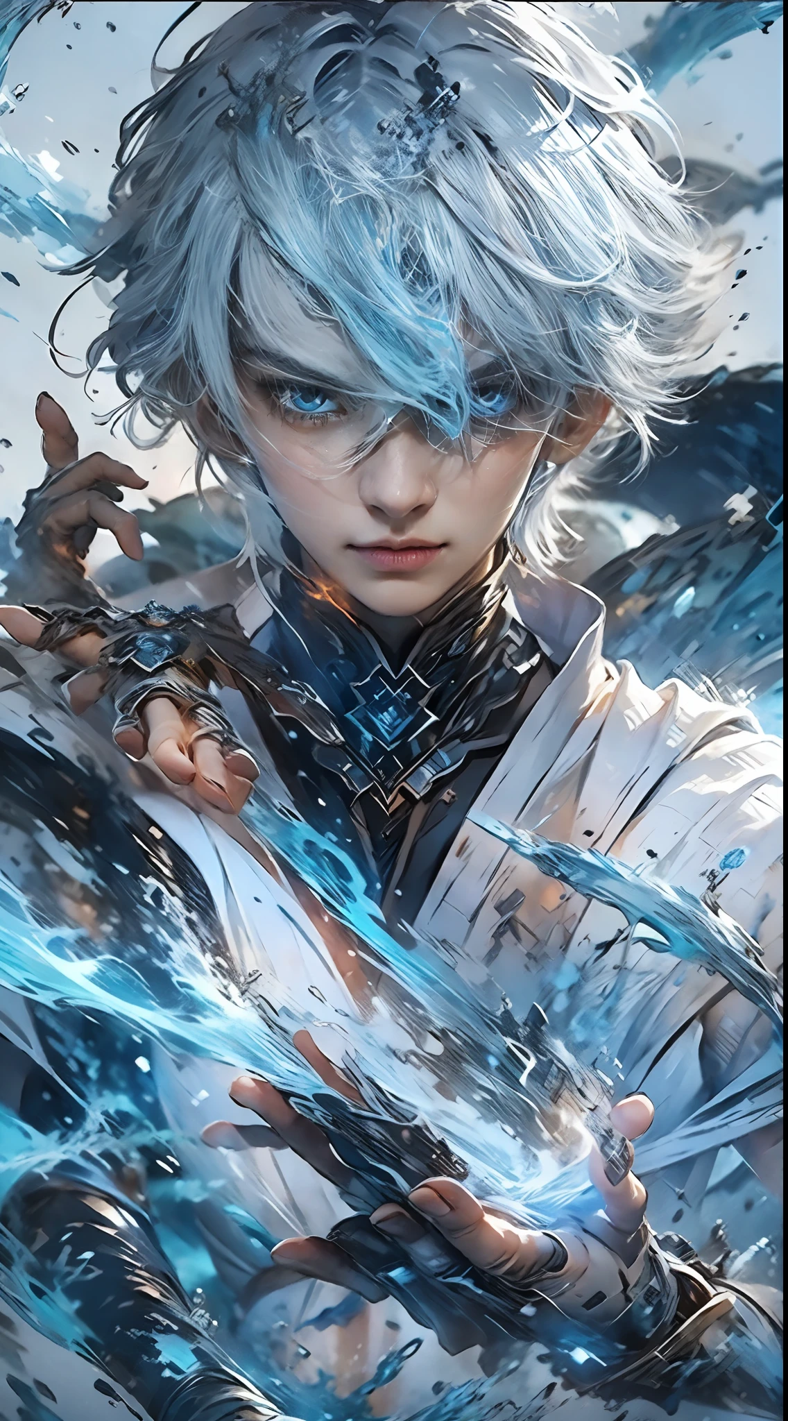 A high resolution，high detal，8K，独奏，（A boy:1.9），cool guy，high-definition face，Messy short silver-white hair and medium white hair standing at the ends，A gifted dark spell master，Black and white spell master set，In one hand is a fireball burning with blue flames，Fire effects：1.3，The fierce black dragon surrounded the male protagonist，The is very detailed，Ultra-high sharpness，Thick coating，Blend the background