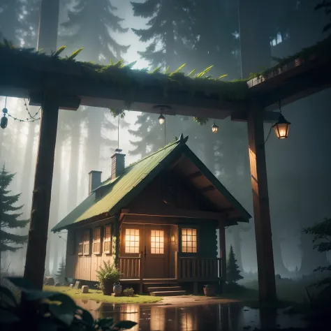 Outdoor rainy days，Uninhabited forest hut，Wind chimes sound with the wind，Surrealism, Romanticism, vignetting, cinematic lighting, 8k, super detail, high quality