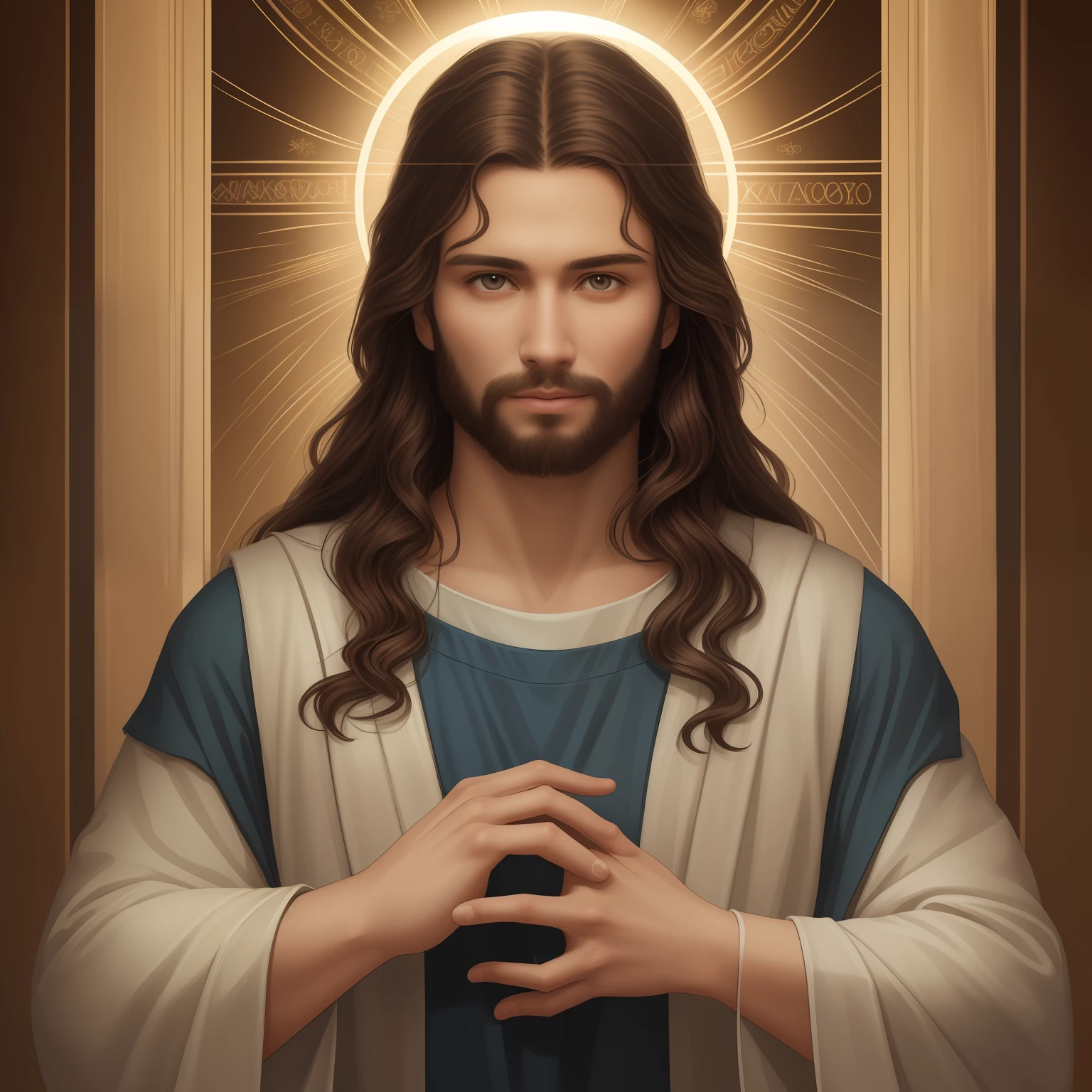 a 3D Realistic of jesus with a halo in the sky, jesus christ, smiling in heaven, portrait of jesus christ, jesus face, 33 young almighty god, portrait of a heavenly god, greg olsen, gigachad jesus, jesus of nazareth, jesus, the face of god, god looking at me, he is greeting you warmly, he is happy, avatar image