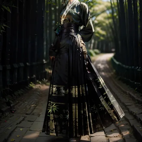 Ancient wind，Black Hanfu，woman，heroic look，Realistic face，In the bamboo forest，Full body photo，No missing hands