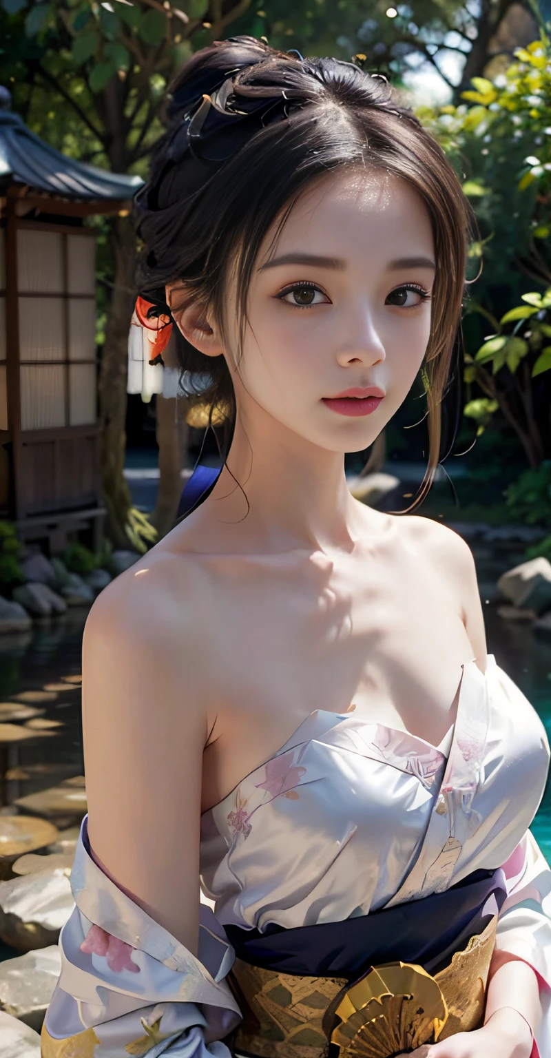 pond, feudal japanese architecture, female, woman, sensual, erotic, looking at viewer, romantic, loving, affectionate, facing viewer, colorful, long hair, (hair up in perfect bun:1.3), (asian:1.3), hair clips, hair bands, ribbons, twilight blue, sparkling silver, galaxy purple, black velvet, cherry blossom park, sakura trees, pink petals, outdoors, standing, (covering breasts:1.4), (hand on breast:1.3), (sunset, dusk:1.25), (silk kimono robe:1.5), (sash:1.3), (bare shoulders:1.4), (strapless:1.3), (delicate embroidery:1.1), elegant, draped, (revealing:0.8), (art by Noah Bradley:1.4), (hand on own chest:1.3), (adult:1.4), , slim waist, small breasts, fcHeatPortrait, (medium shot:1.3), lewd, risque, skimpy, scantily clad, cleavage, (grabbing own breast:1.3), (masterpiece:1.2), subsurface scattering, heavy shadow, (high quality:1.4), golden ratio, (intricate, high detail:1.2)