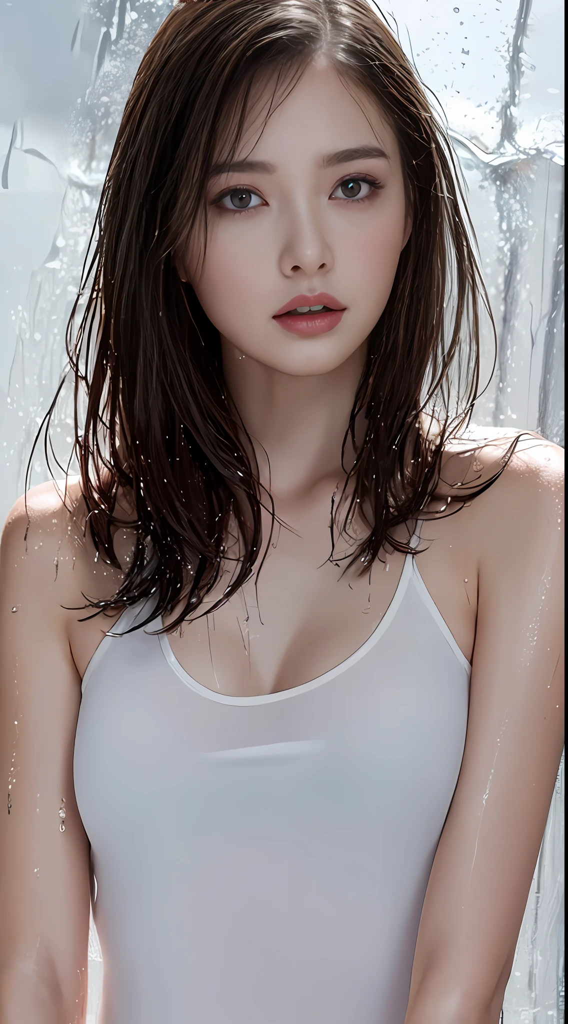 (Best quality, 4k, Masterpiece :1.3), pretty woman, 1girl, sexy :1.1, dark brown hair: 1.1, (rainy wet, wet from rain, wet body :1.2), white tank tops, ultra-detailed face, detailed lips, detailed eyes, double eyelid