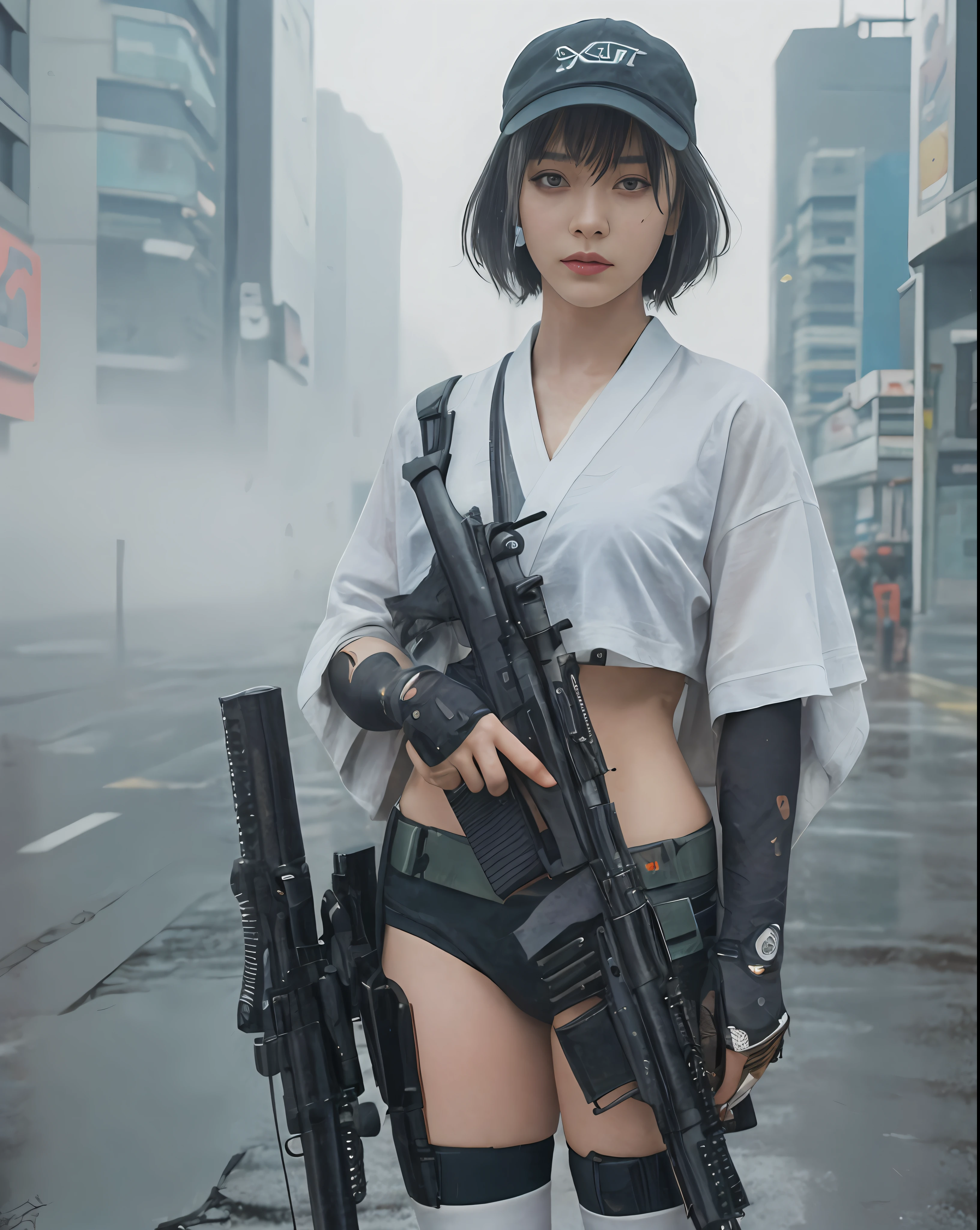 (highly detailed skin textures:1.15), (detailed face), (high detailed skin:1.2), (glistening skin:1.15), glossy, (cyborg arms:1.2) baseball caps, kimono tech, japanese, cyberpunk street, roftop, (nights:1.2), fog, (rain:1.2), film grain, glossy