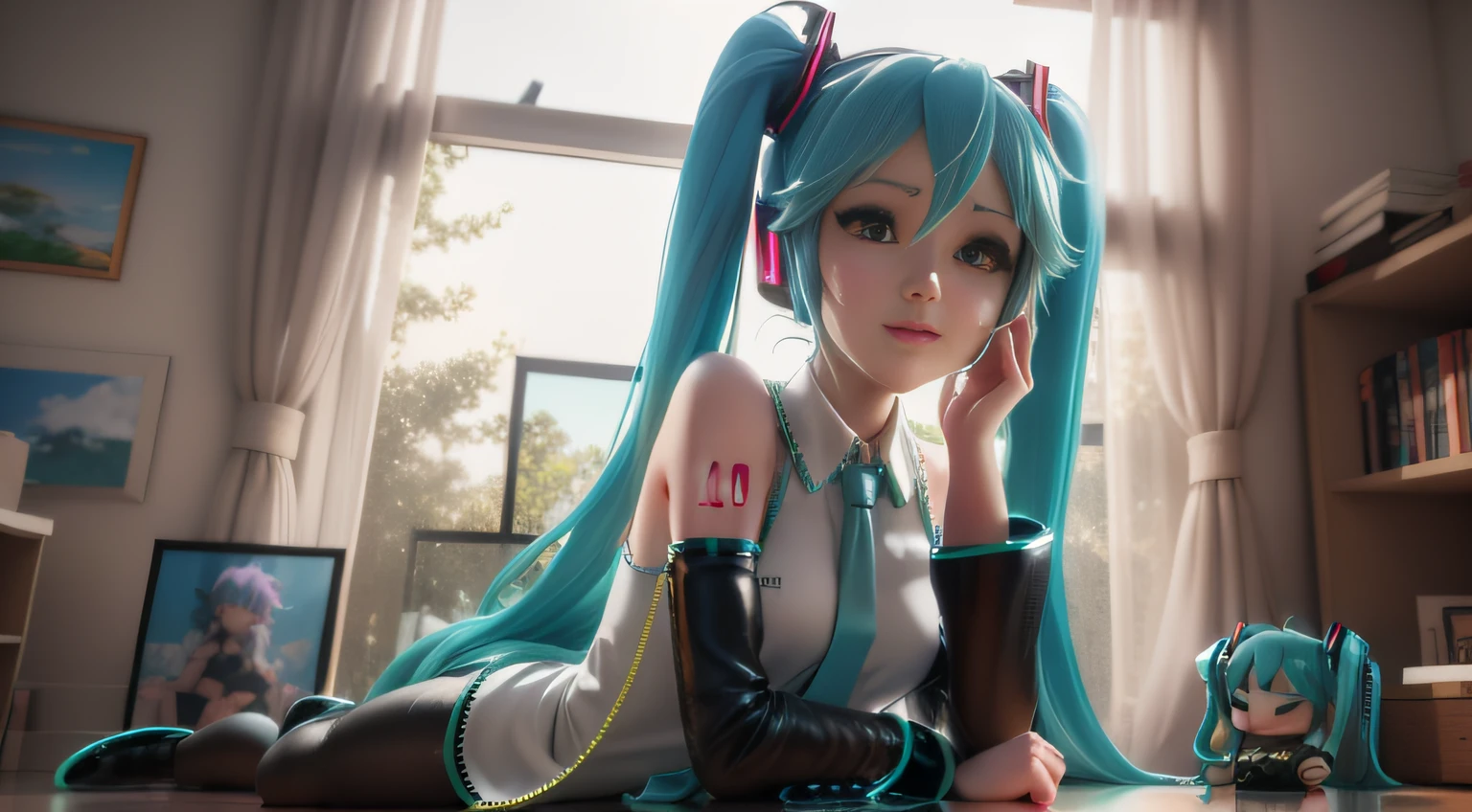 On the windowsill sat a blue-haired woman, trending on cgstation, Hatsune Miku cosplay, Os amigos, sakimichan hdri, mikudayo, rendered in sfm, photorealistic anime girl rendering, 3 d anime realistic, Smooth anime CG art, Hatsune Miku, 8k render”, anime styled 3d, Photorealistic anime