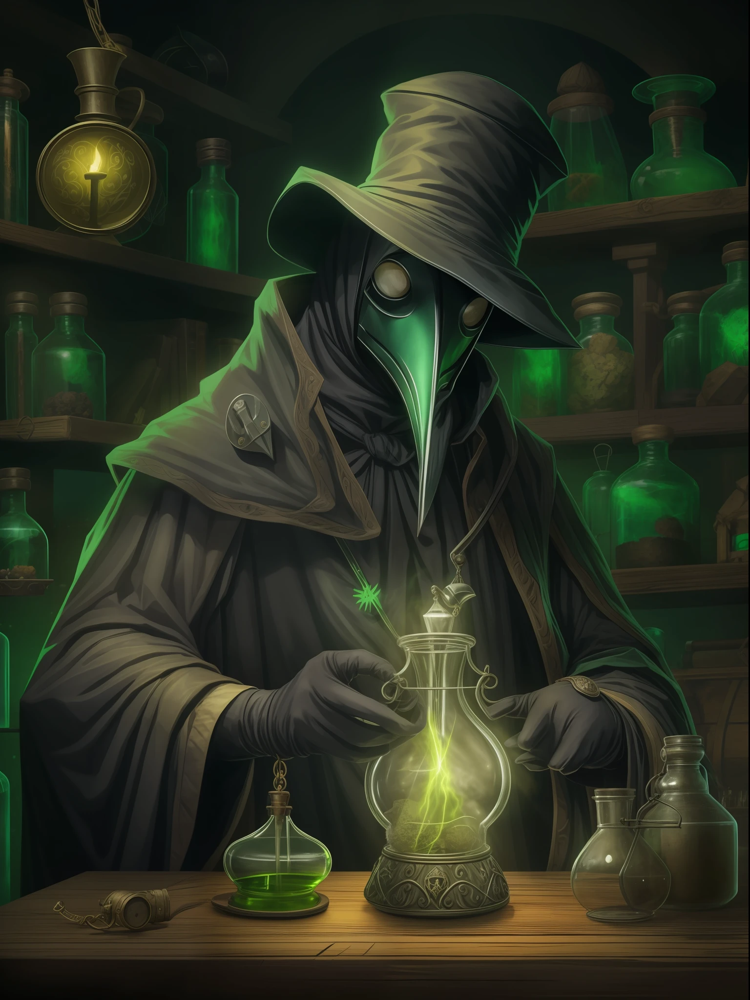 "Un médico de la peste con una máscara oscura y un traje antiguo, Sosteniendo una poción misteriosa en sus manos enguantadas, en un laboratorio oscuro y enigmático. Al fondo, un aura siniestra de color verde brillante y venenoso, Emanando rayos de luz. A tu lado, Un pequeño ratón verde mascota, observando curiosamente."