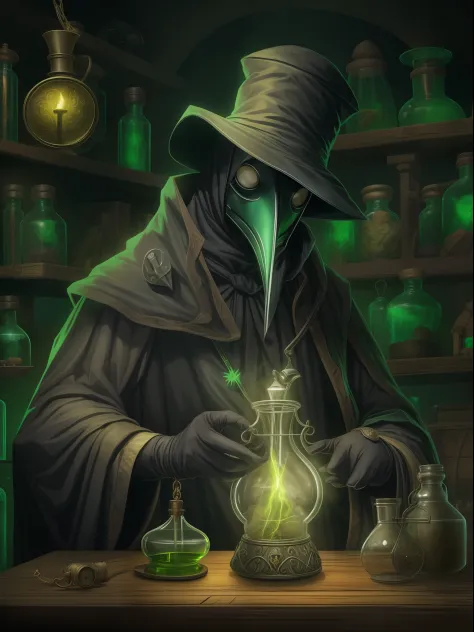 "A plague doctor with a dark mask and an ancient costume, Holding a mysterious potion in his gloved hands, in a dark and enigmat...