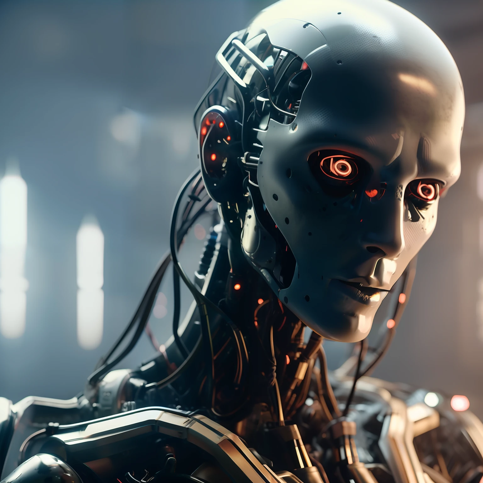 a hand humanoid robot biomechanical with  wires and a light cold on it's face and neck, in a dark room   in a dark room with a red light behind him, Cedric Peyravernay, unreal engine 5 highly rendered, cyberpunk art, les automatistes, raw photo of  detailed skin, clear face