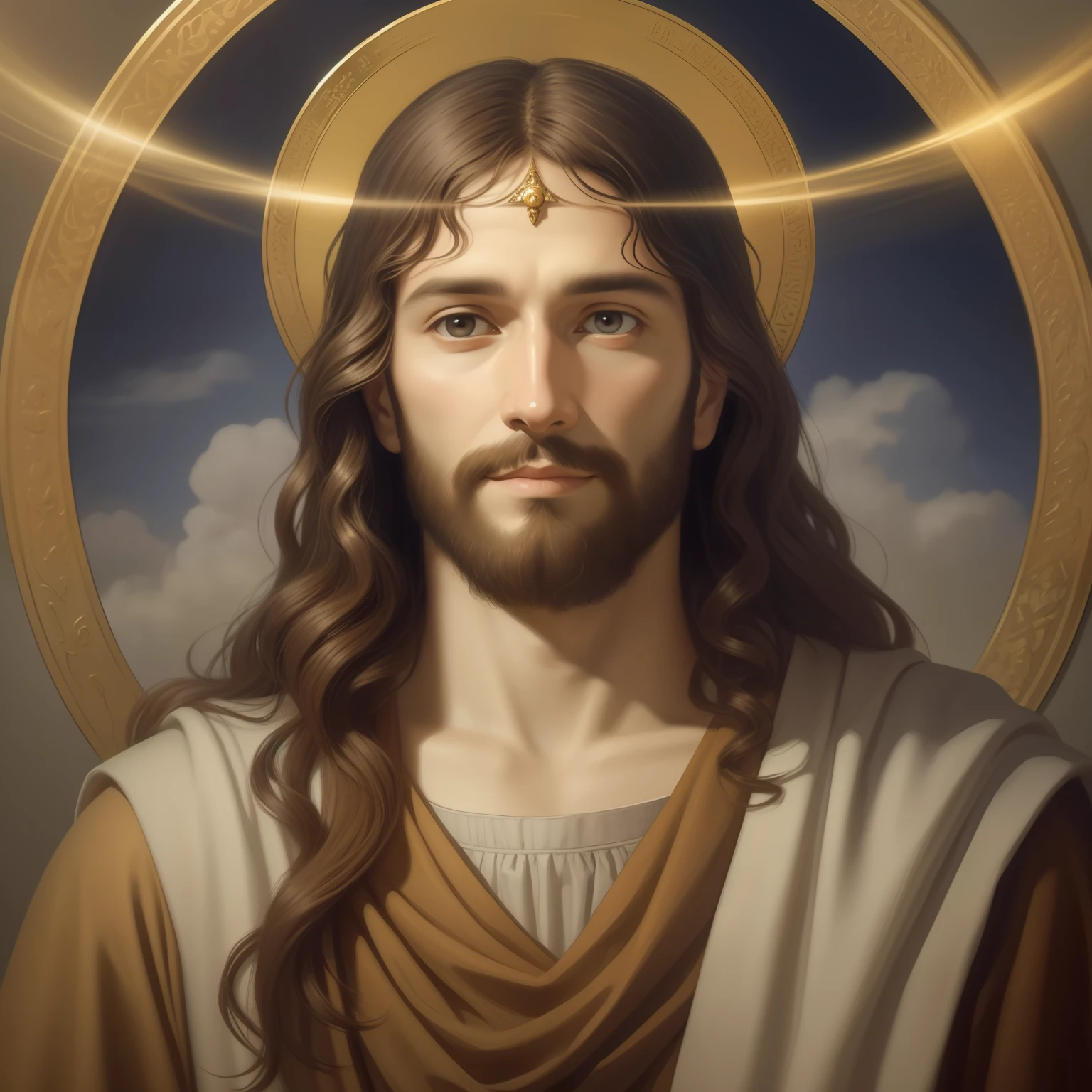 A beautiful ultra-thin 实际的 portrait of Jesus, 先知, 一名男子 34 岁 希伯来语 布鲁内特, 棕色短发, 长长的棕色胡子, 和, 穿着胸部闭合的长亚麻束腰外衣, 正面视图, 全身, 圣经的, 实际的,作者：迭戈·委拉斯开兹,彼得·保罗·鲁本斯,伦勃朗,亚历克斯·罗斯,8千, 概念艺术, Photo实际的, 实际的,  插图, 油画, 超现实主义, Hyper实际的, 数字艺术, 风格, watercolor 
a 3D 实际的 of 耶稣 和 a halo in the sky, 耶稣 christ, 在天堂微笑, portrait of 耶稣 christ, 耶稣 face, 33 年轻的全能神, 天神像, 格雷格·奥尔森, gigachad 耶稣, 耶稣 of nazareth, 耶稣, 上帝的面孔, 上帝看着我, 他热情地欢迎你, 他很高兴, 头像图片