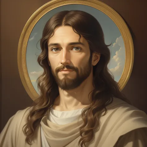 A beautiful ultra-thin realistic portrait of Jesus, the prophet, a man 34 years old Hebrew brunette, short brown hair, long brown beard, with, wearing long linen tunic closed on the chest part, in front view, full body, biblical, realistic,by Diego Velázqu...