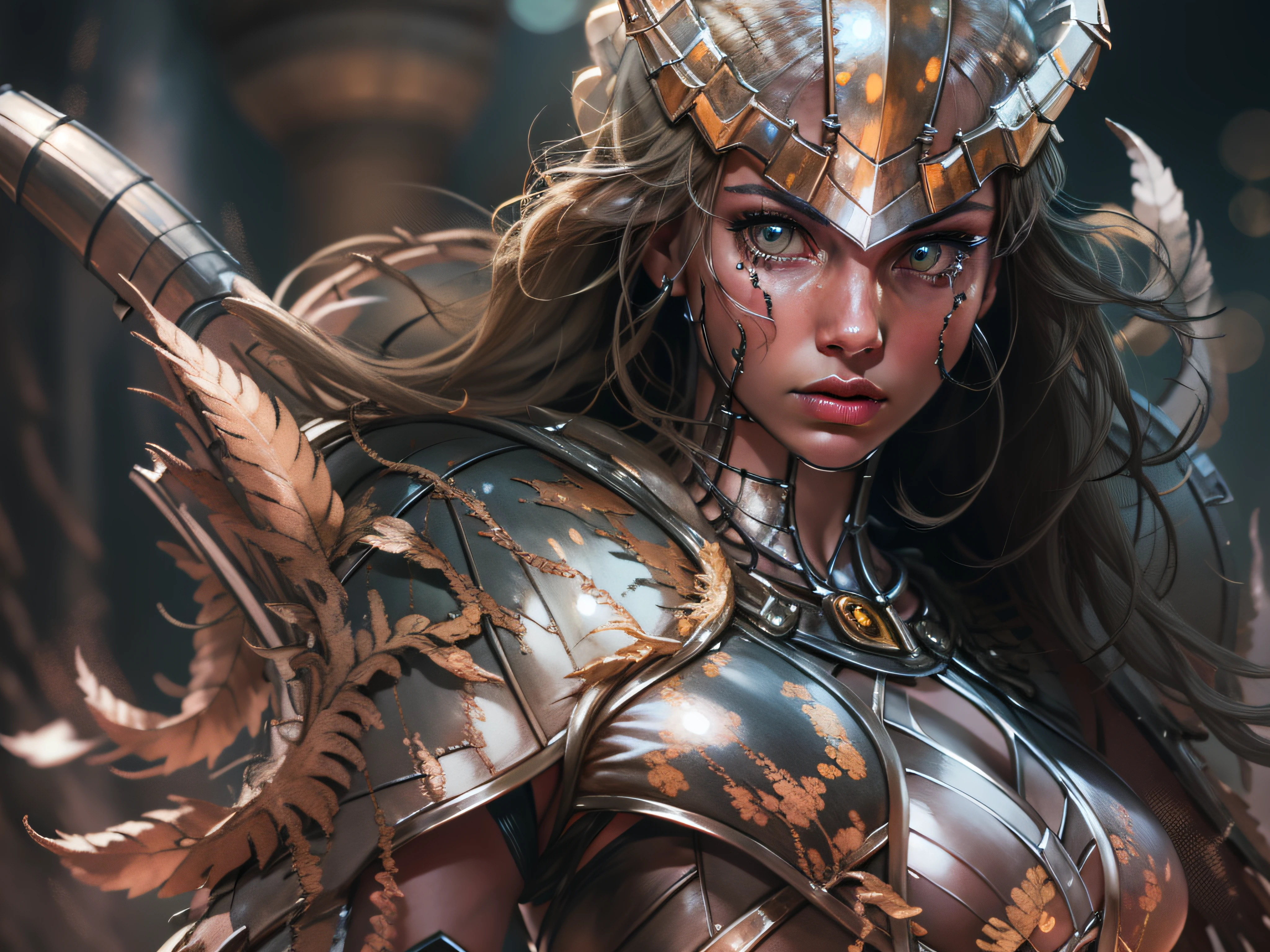 um close up de uma mulher em um terno brilhante com armadura, vestindo armadura de lâmina de bruxa, armadura impressionante, armadura bonita, motor irreal renderizar saint seiya,  na armadura do cavaleiro,  da armadura, Bikini Armor Cavaleiro Feminino, foto do corpo da deusa cinematográfica, Cosplay ornamentado, Bokeh Artgerm 8K, armadura de plástico brilhante, usando armadura de fantasia, armadura de fantasia escaneosa