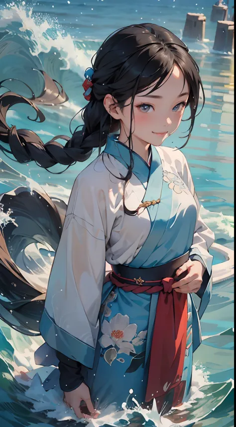 masterpiece, 1girll, close up, wear blue hanfu, chinese traditional cloth, ((hold the water sword,)) long black hair, hair braid...